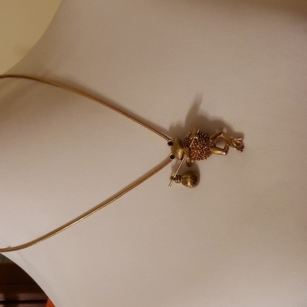 GOLD FROG PENDANT/CARRYING BEGGARS POUCH‎ BROOCH ON Whimsical Necklace